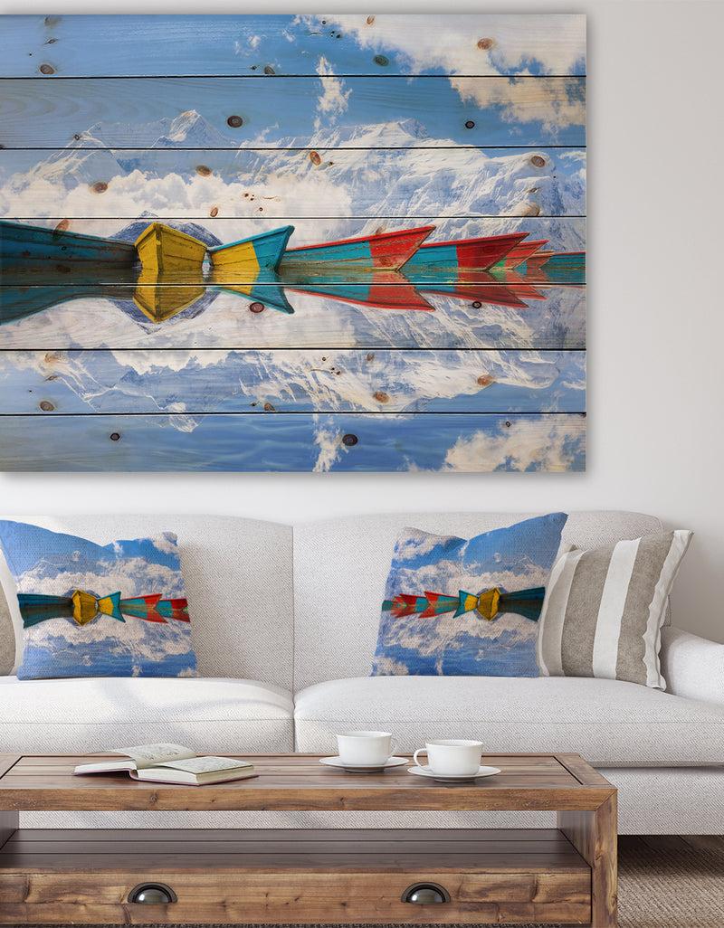 designq Moving Colorful Boats in Lake - Boat Print on Natural Pine Wood