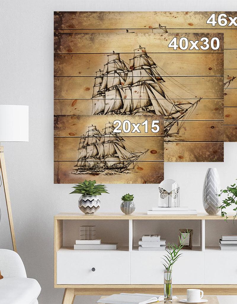 Designq Moving Old Sailboat Drawing - Seashore Print On Natural Pine Wood