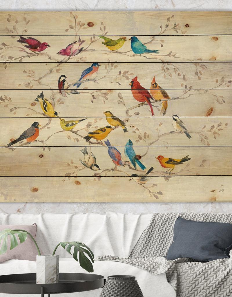 designq Multi-Color Bird on Tree - Modern Farmhouse Print on Natural Pine Wood
