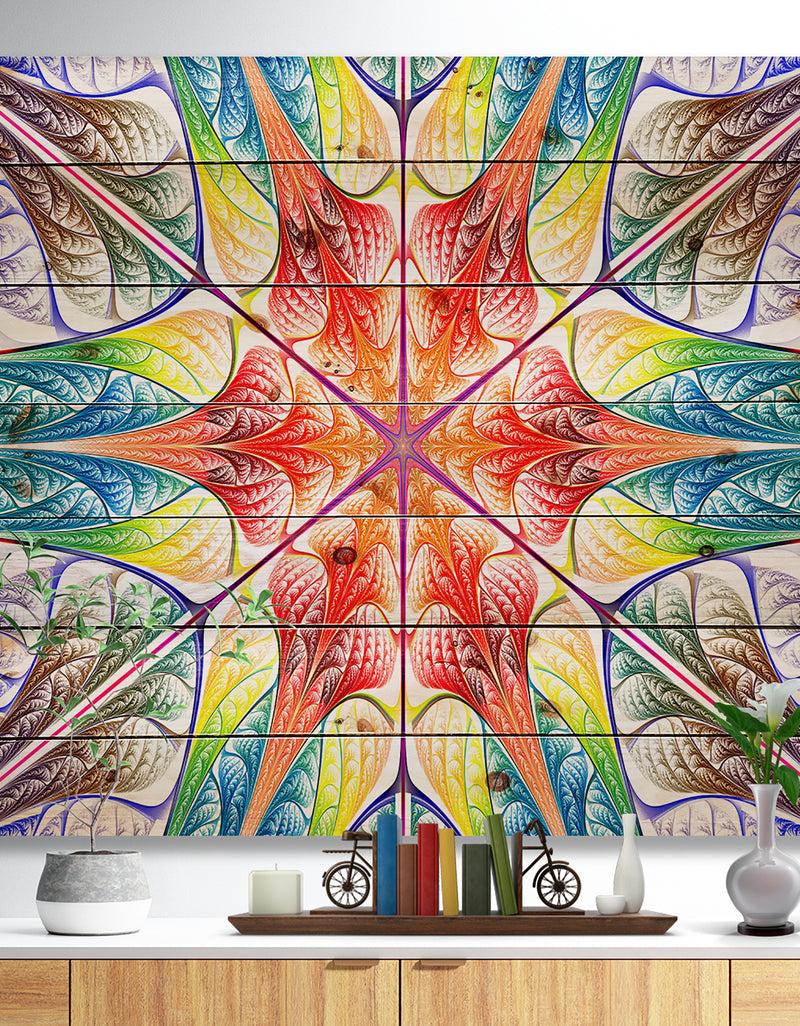designq Multi Color Fractal Circles and Waves - Abstract Print on Natural Pine Wood