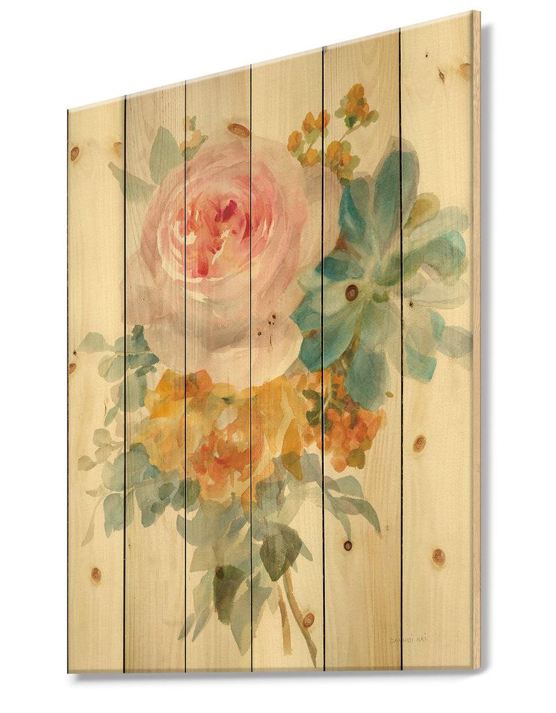 Designq Multicolor French Bouquet I - Farmhouse Print On Natural Pine Wood
