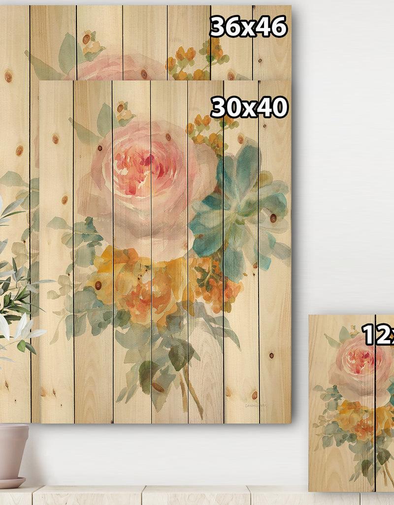 Designq Multicolor French Bouquet I - Farmhouse Print On Natural Pine Wood