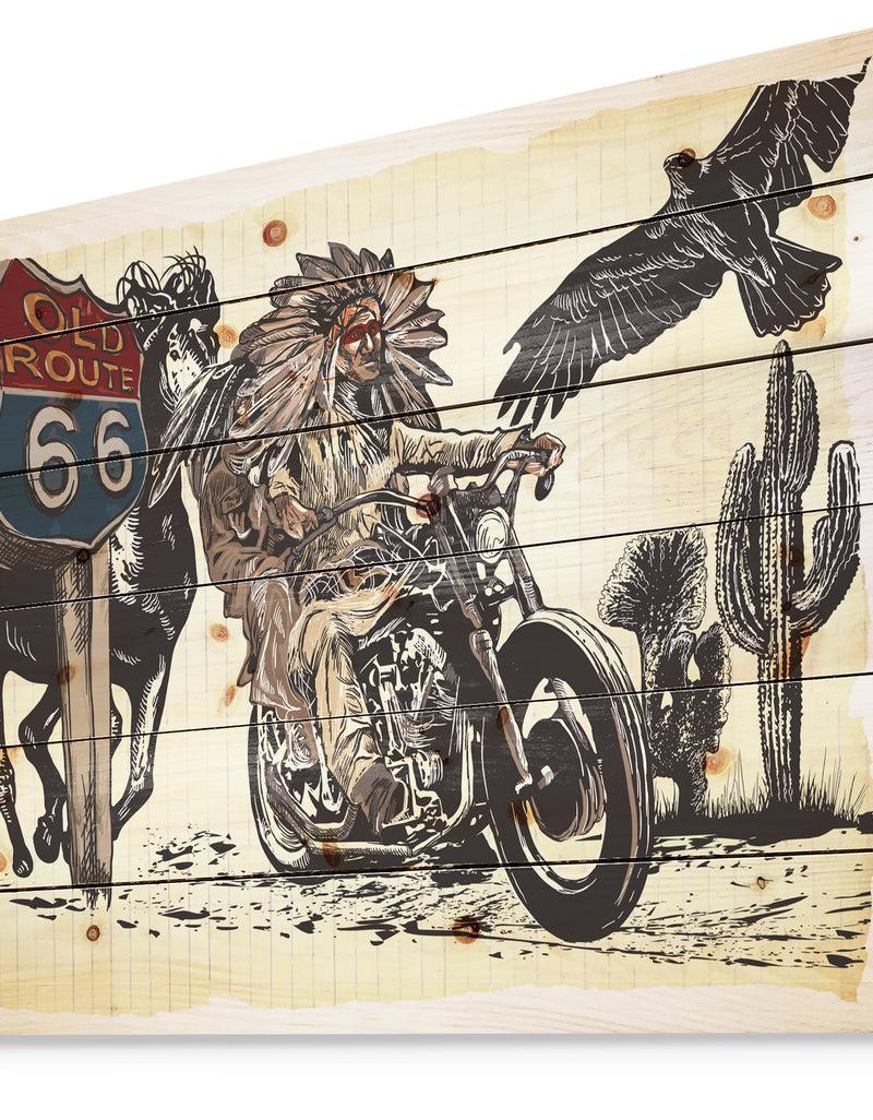 Designq Native American In Motorcycle - Sketch Of Indian Animals Painting Print On Natural Pine Wood