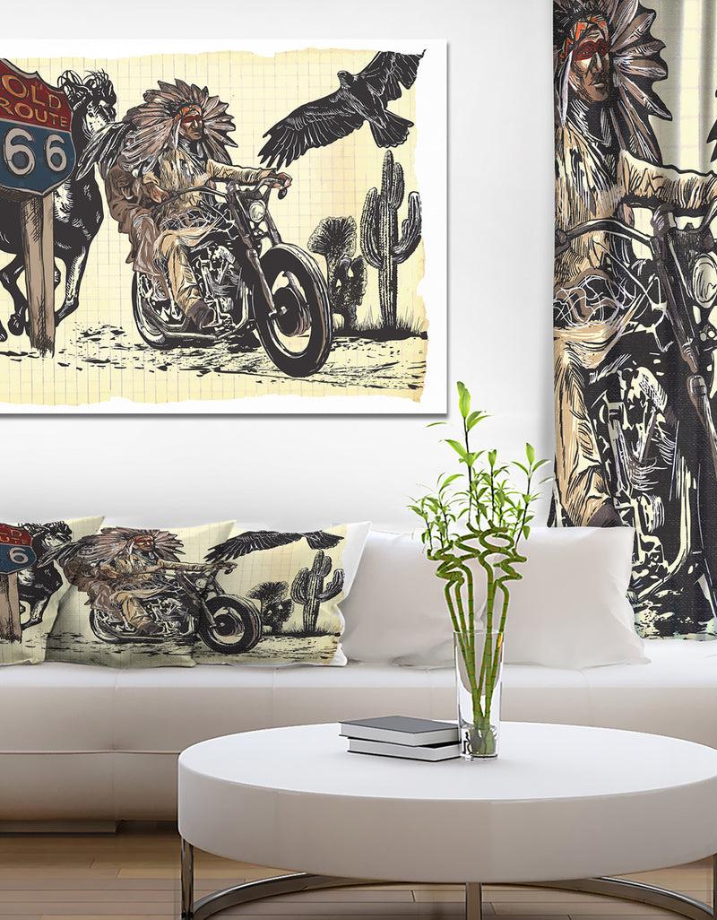 designq Native American in Motorcycle - Sketch of Indian Animals Painting Print on Wrapped Canvas