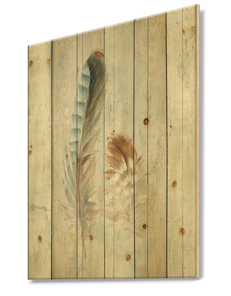 Designq Natural Feathers On Wood I - Farmhouse Print On Natural Pine Wood