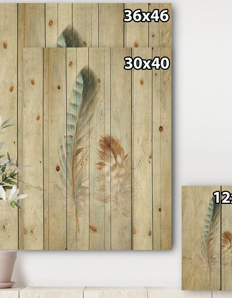 Designq Natural Feathers On Wood I - Farmhouse Print On Natural Pine Wood