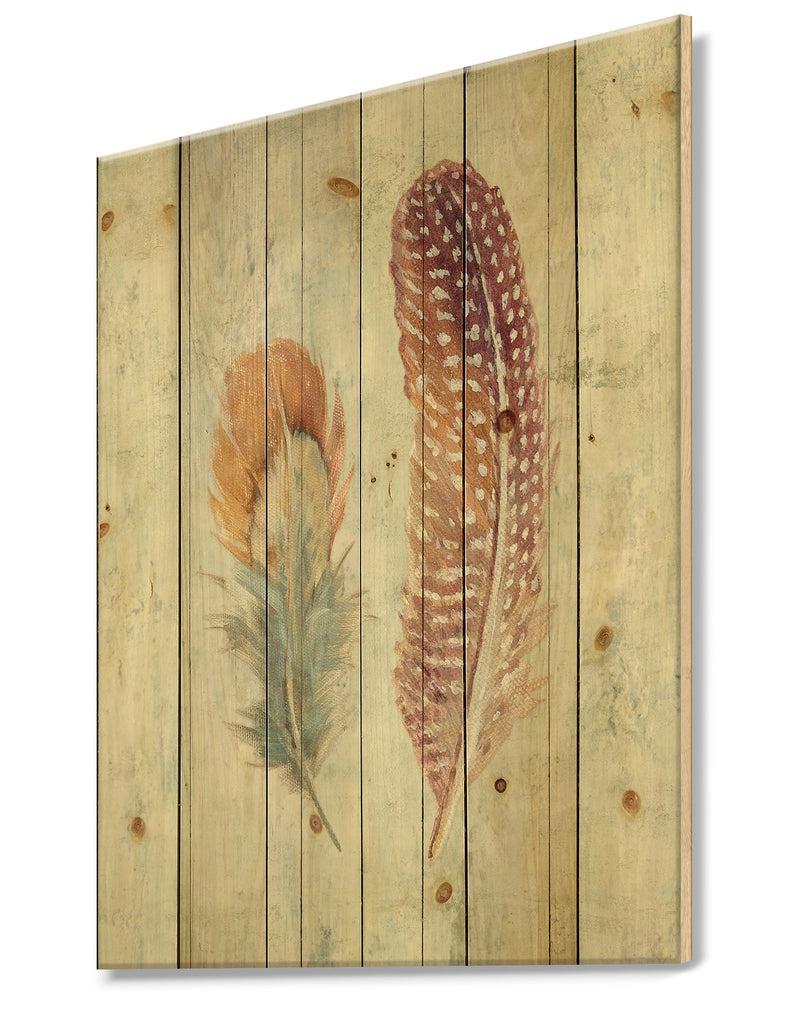 Designq Natural Feathers On Wood II - Farmhouse Print On Natural Pine Wood
