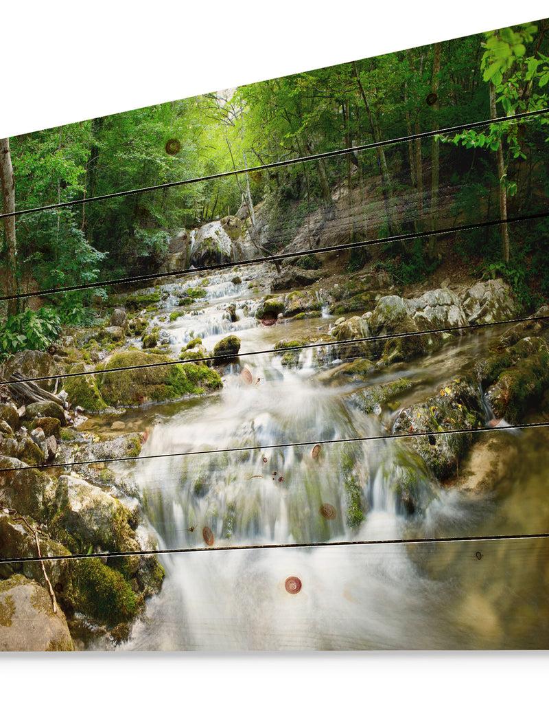 Designq Natural Spring Waterfall - Landscape Photography Print On Natural Pine Wood