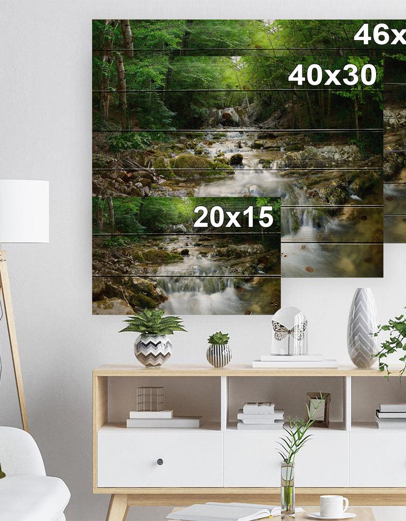 Designq Natural Spring Waterfall - Landscape Photography Print On Natural Pine Wood