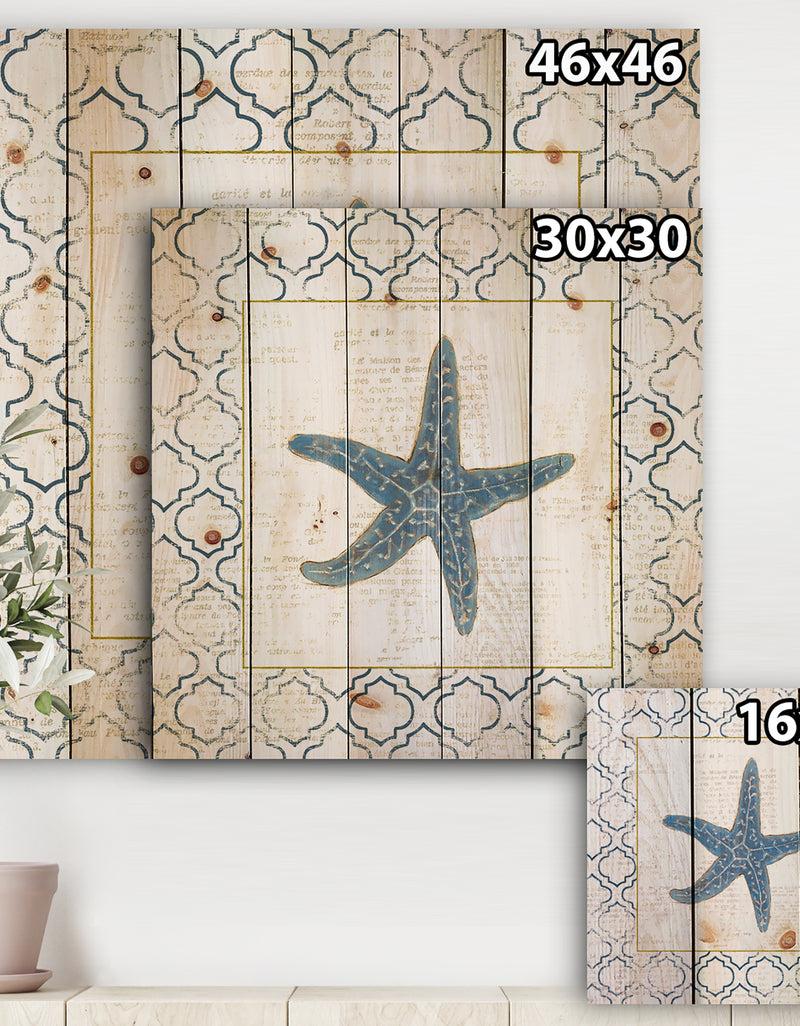 Designq Navy Starfish With Gold - Nautical & Coastal Print On Natural Pine Wood