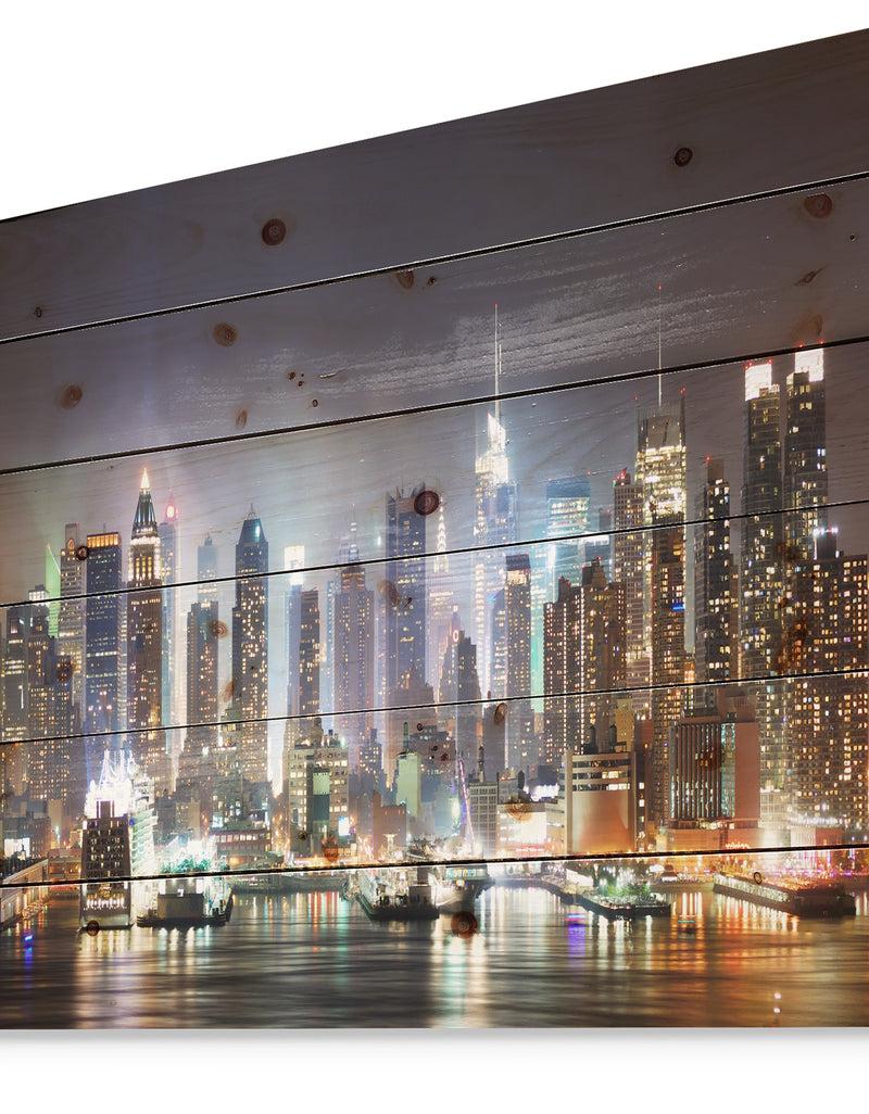 Designq New York Times Square In Blue Light - Cityscape Print On Natural Pine Wood