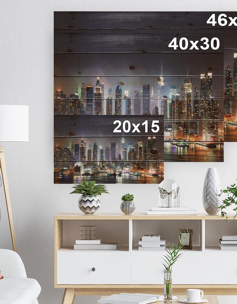 Designq New York Times Square In Blue Light - Cityscape Print On Natural Pine Wood