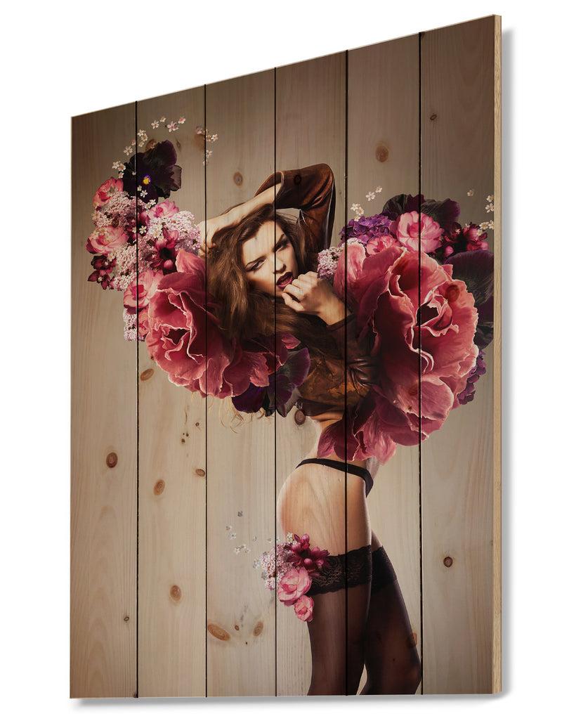 Designq Nude Woman With Pink Flowers - Large Portrait Print On Natural Pine Wood