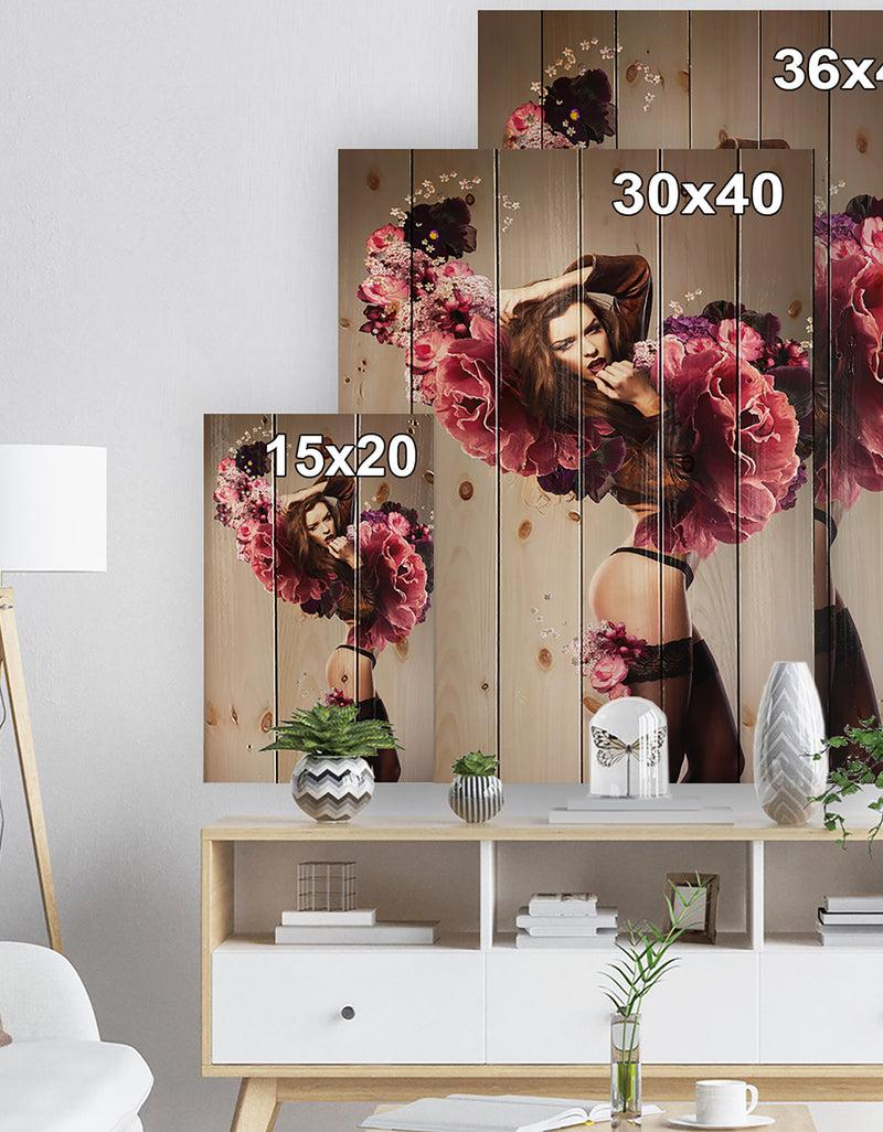 Designq Nude Woman With Pink Flowers - Large Portrait Print On Natural Pine Wood