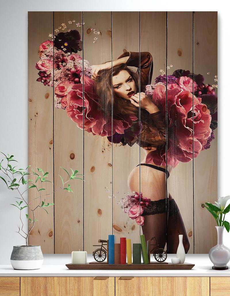 designq Nude Woman with Pink Flowers - Large Portrait Print on Natural Pine Wood