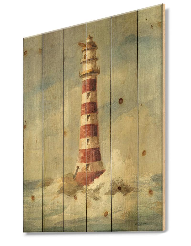 Designq Ocean Lighthouse - Nautical & Coastal Print On Natural Pine Wood