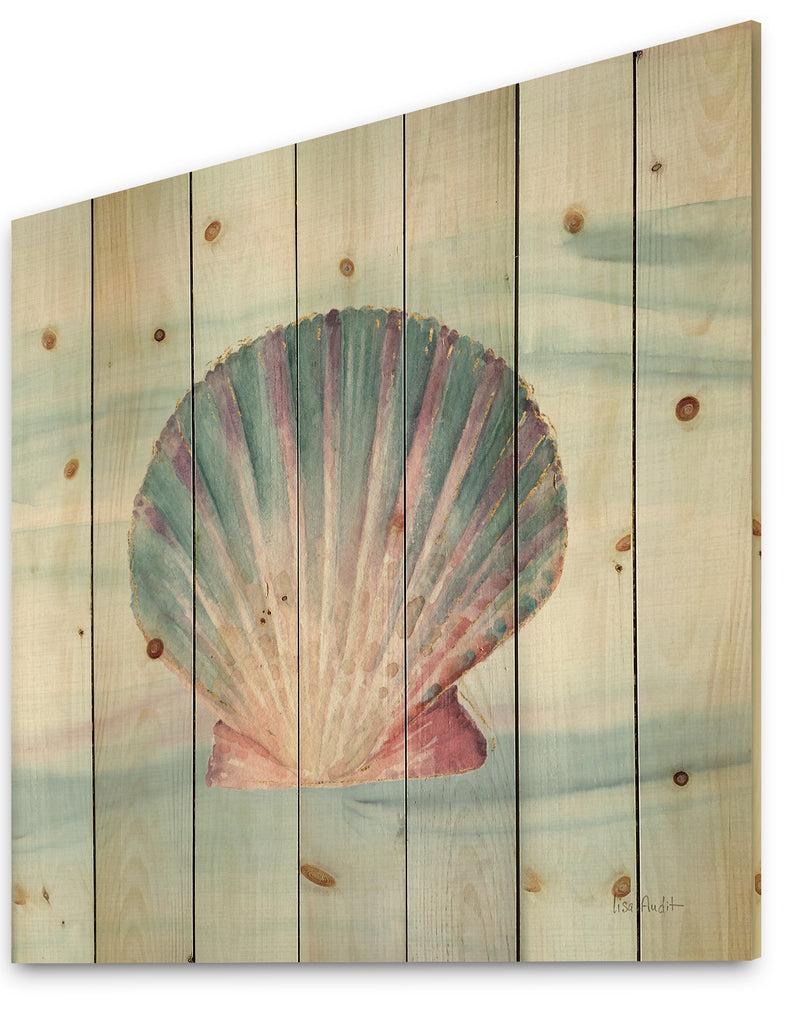 Designq Ocean Shell On Blue - Nautical & Coastal Print On Natural Pine Wood