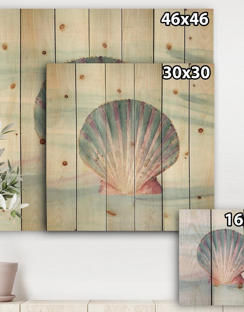 Designq Ocean Shell On Blue - Nautical & Coastal Print On Natural Pine Wood