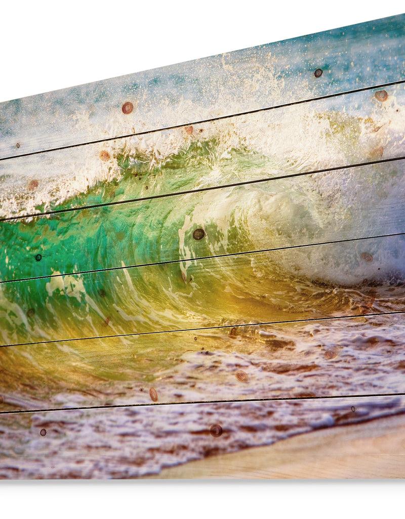 Designq Ocean Turning Green - Seascape Print On Natural Pine Wood