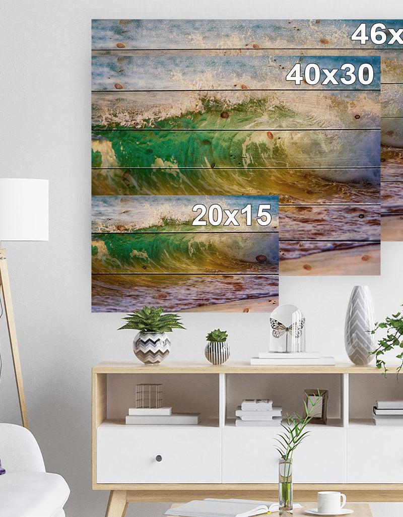 Designq Ocean Turning Green - Seascape Print On Natural Pine Wood