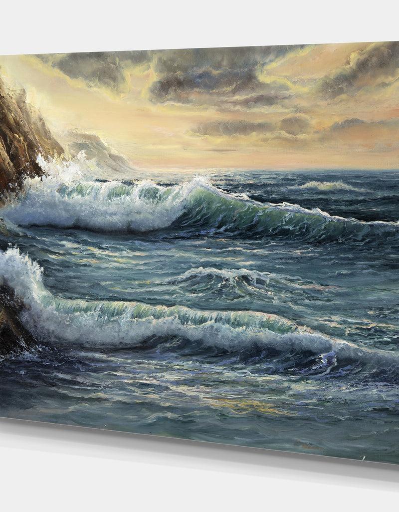 Designq Ocean Waves Under Dark Cloudy Sky - Sea & Shore Painting Print On Wrapped Canvas