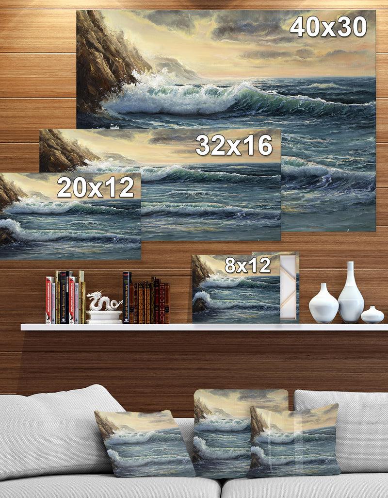 Designq Ocean Waves Under Dark Cloudy Sky - Sea & Shore Painting Print On Wrapped Canvas