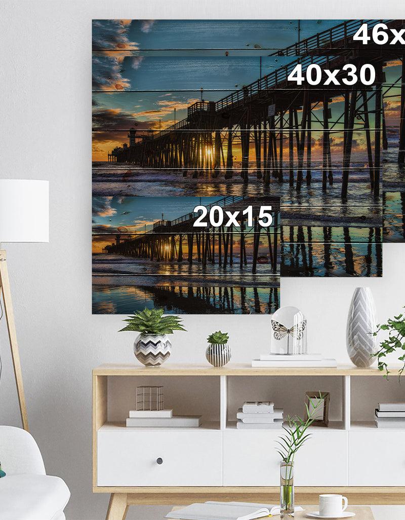 Designq Oceanside Pier At Evening - Landscape Photography Print On Natural Pine Wood