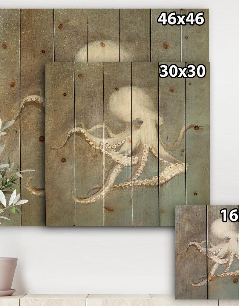 Designq Octopus Treasures From The Sea - Nautical & Coastal Print On Natural Pine Wood