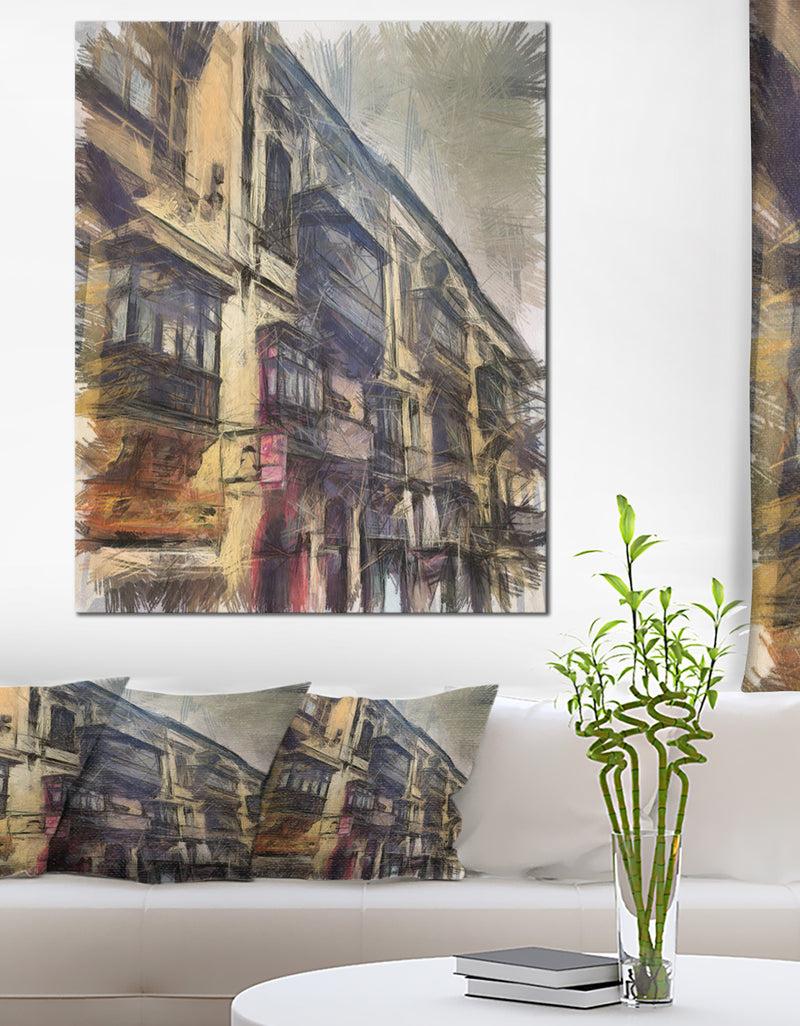 designq Old City Street Watercolor Painting - Large Cityscape Artwork on Canvas