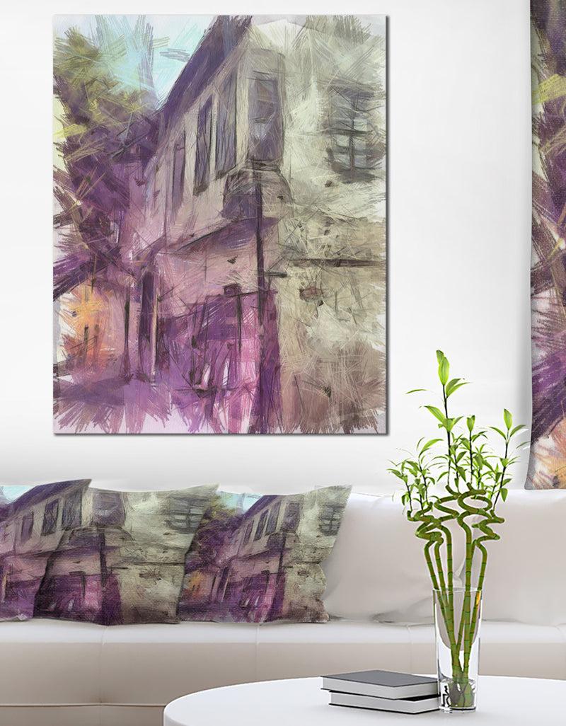 designq Old City Street Watercolor Sketch - Large Cityscape Artwork on Canvas