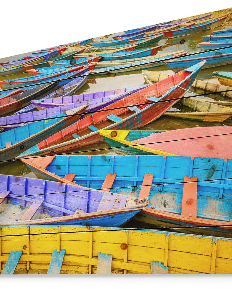 Designq Old Colorful Sailboats In Lake - Boat Print On Natural Pine Wood