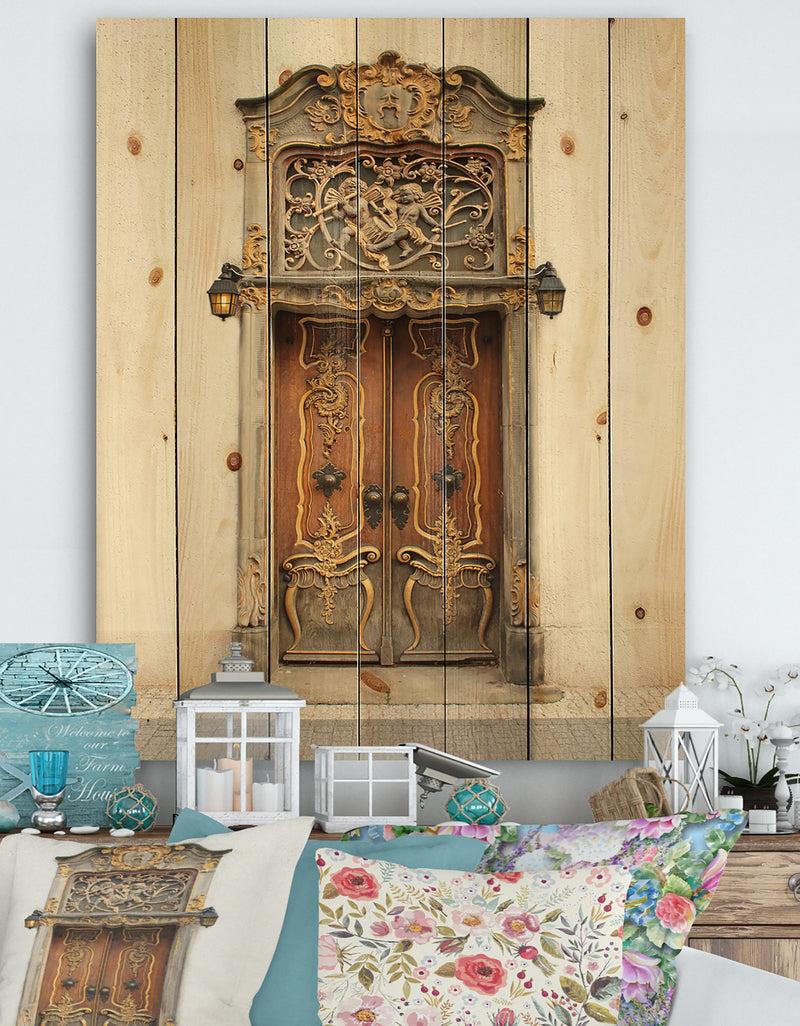 designq Old Door With Gold Ornaments - Vintage Print on Natural Pine Wood