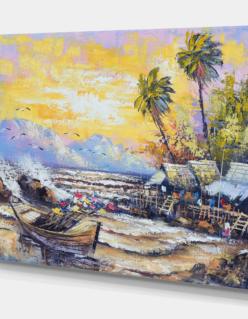 Designq Old Fishing Boat In Pier - Sea & Shore Painting Print On Wrapped Canvas