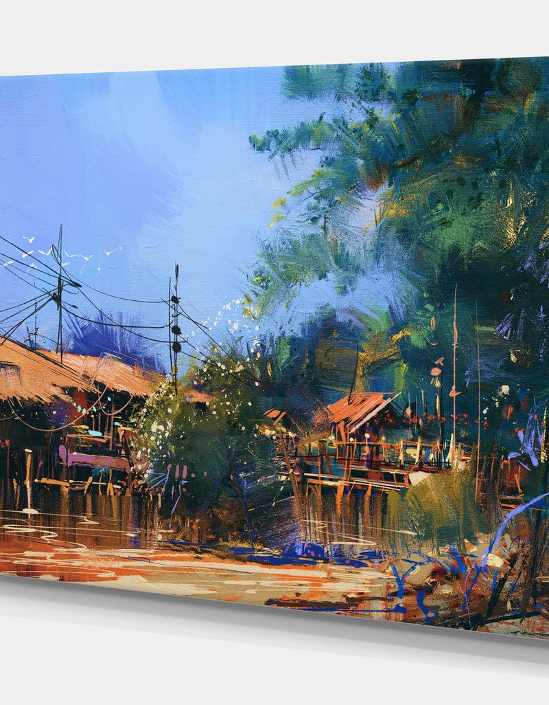 Designq Old Fishing Village In Clear Sky - Cityscapes Painting Print On Wrapped Canvas