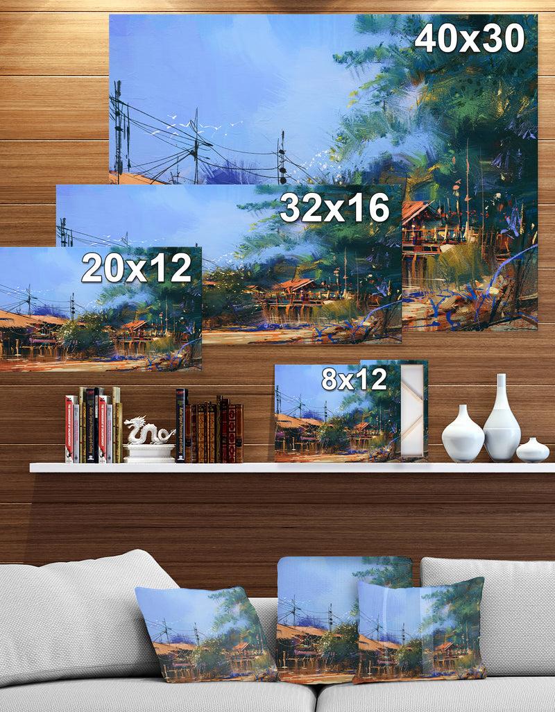 Designq Old Fishing Village In Clear Sky - Cityscapes Painting Print On Wrapped Canvas