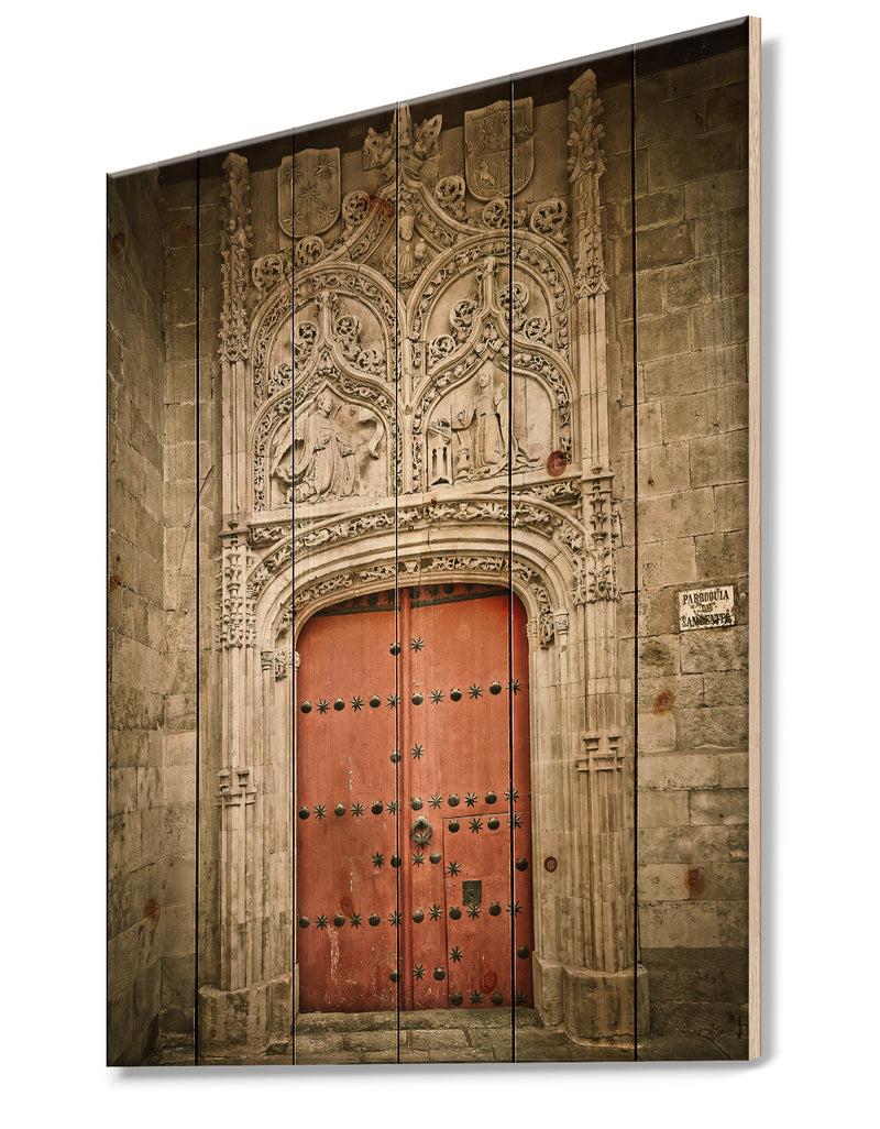 Designq Old Red Church Door In Salamanca Spain - Vintage Print On Natural Pine Wood