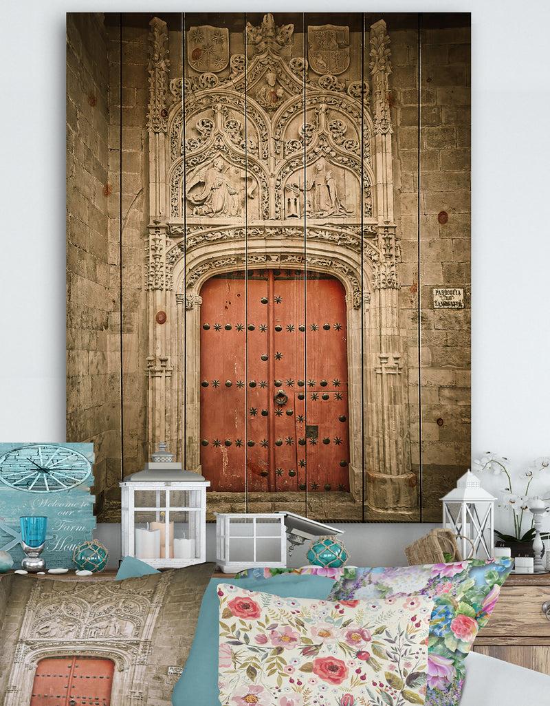 designq Old Red Church Door in Salamanca Spain - Vintage Print on Natural Pine Wood