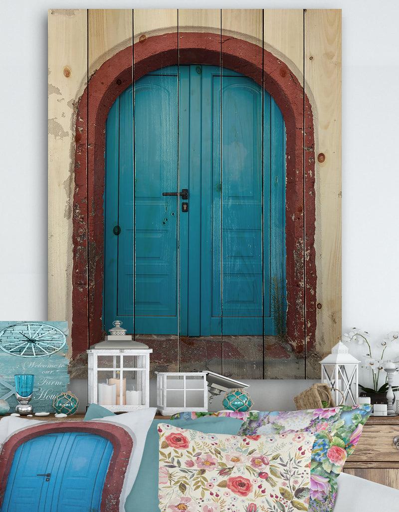 designq Old Traditional Door in Oia Santorini Greece - Vintage Print on Natural Pine Wood