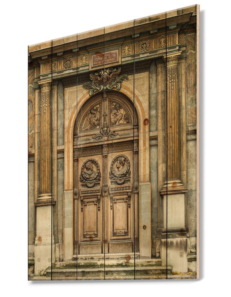 Designq Old Wooden Door With Carvings In Paris France - Vintage Print On Natural Pine Wood