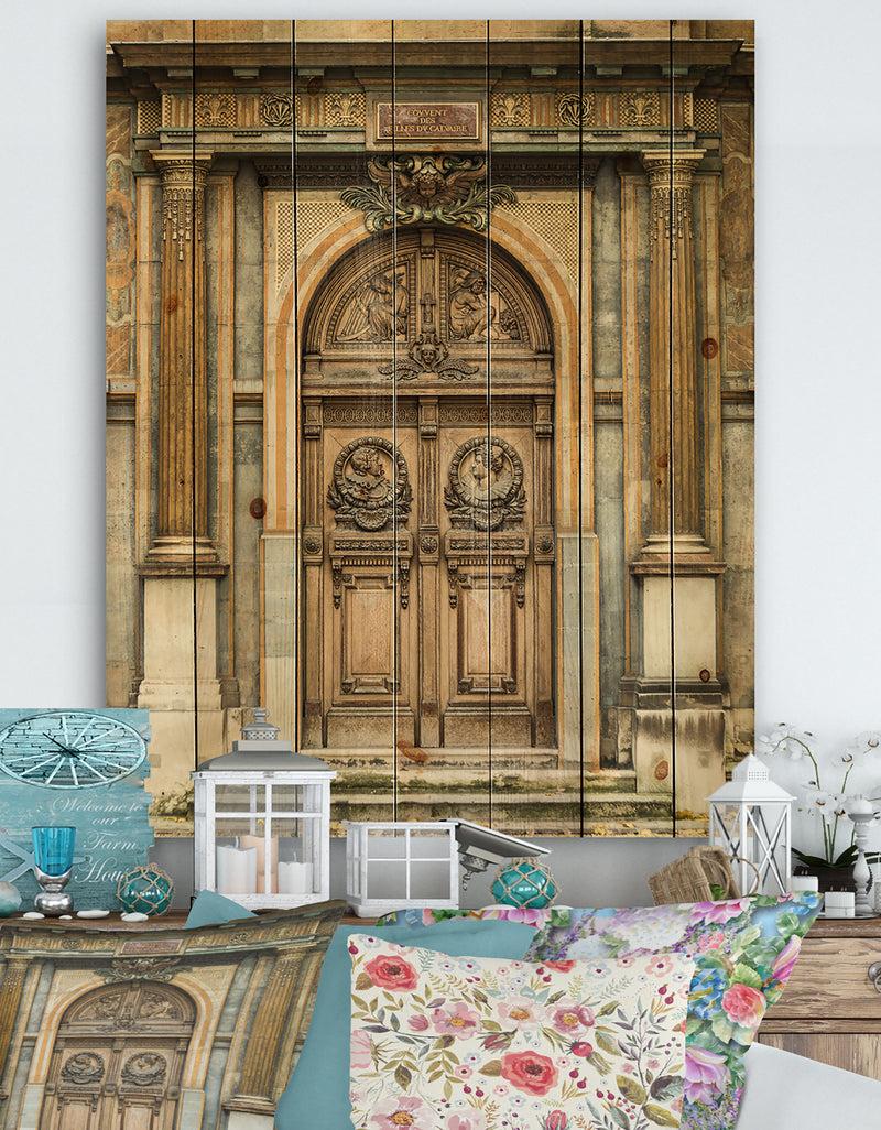 designq Old Wooden Door With Carvings in Paris France - Vintage Print on Natural Pine Wood