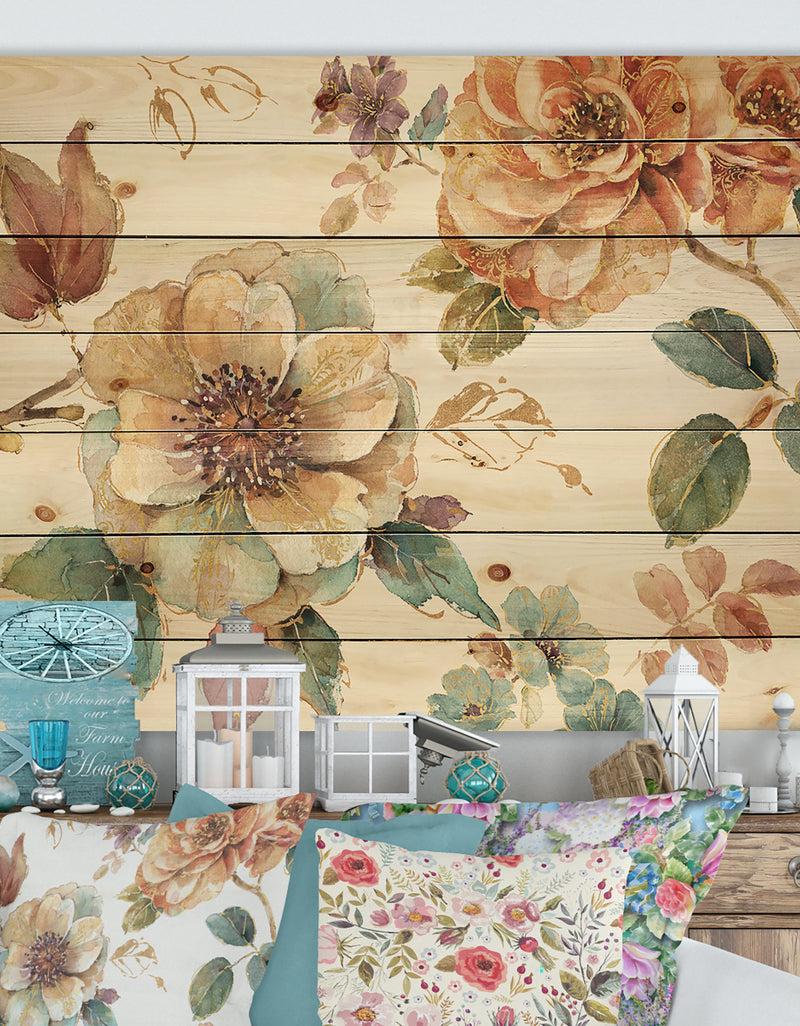 designq Orange and Cream Cottage Flowers Twig - Traditional Print on Natural Pine Wood