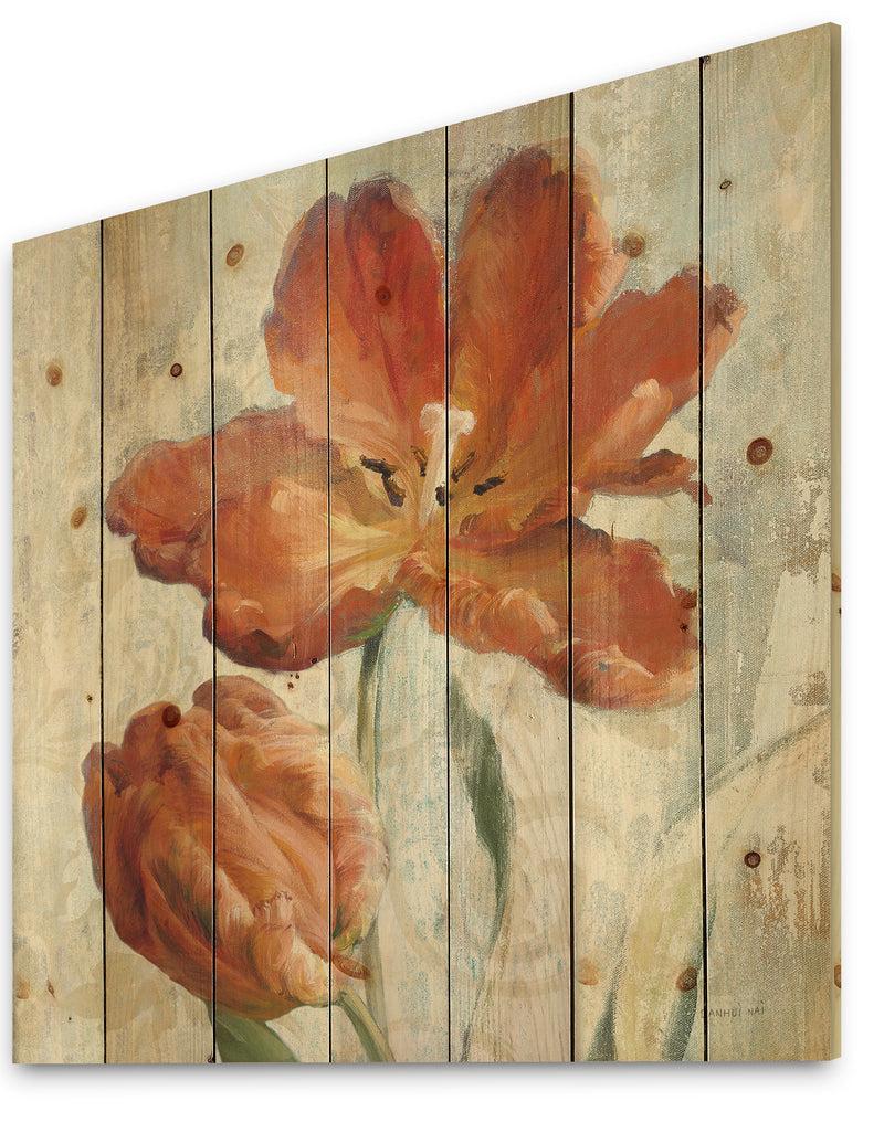 Designq Orange Parrot Tuplip - Traditional Print On Natural Pine Wood