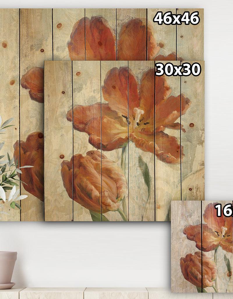 Designq Orange Parrot Tuplip - Traditional Print On Natural Pine Wood