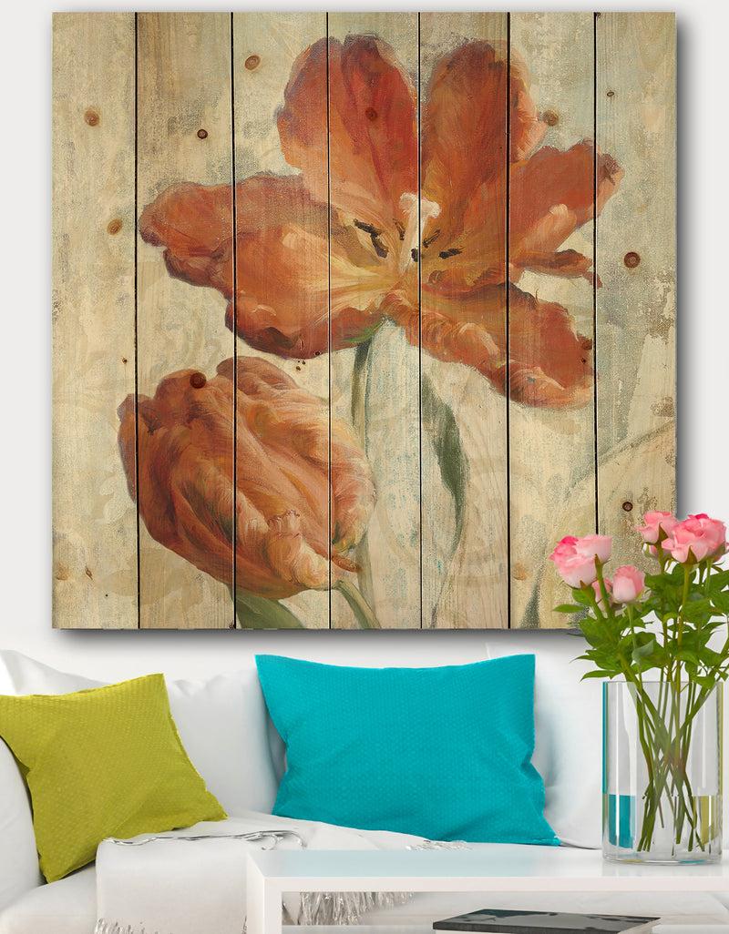 designq Orange Parrot Tuplip - Traditional Print on Natural Pine Wood