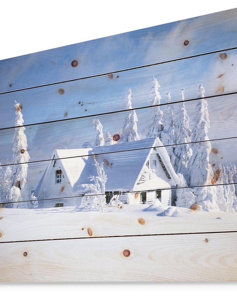 Designq Orlicke Hory Cottage In Winter - Landscape Photography Print On Natural Pine Wood