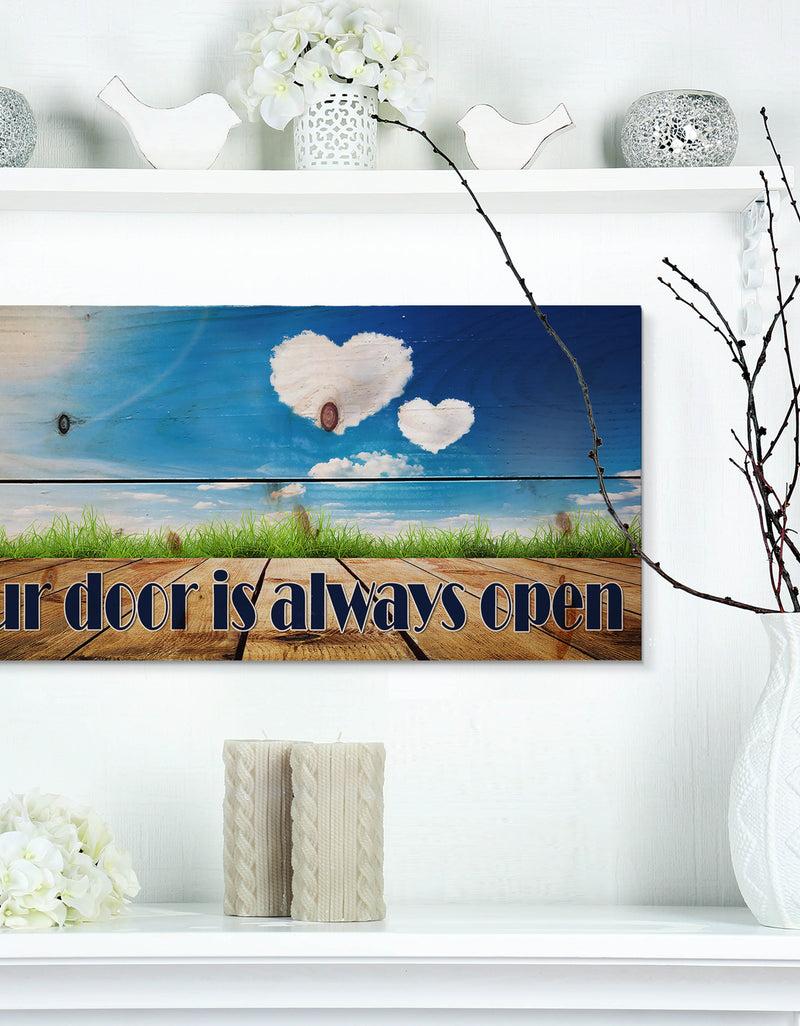 designq our door is always open. Blue sky - Textual Entrance Art on Wood Wall Art