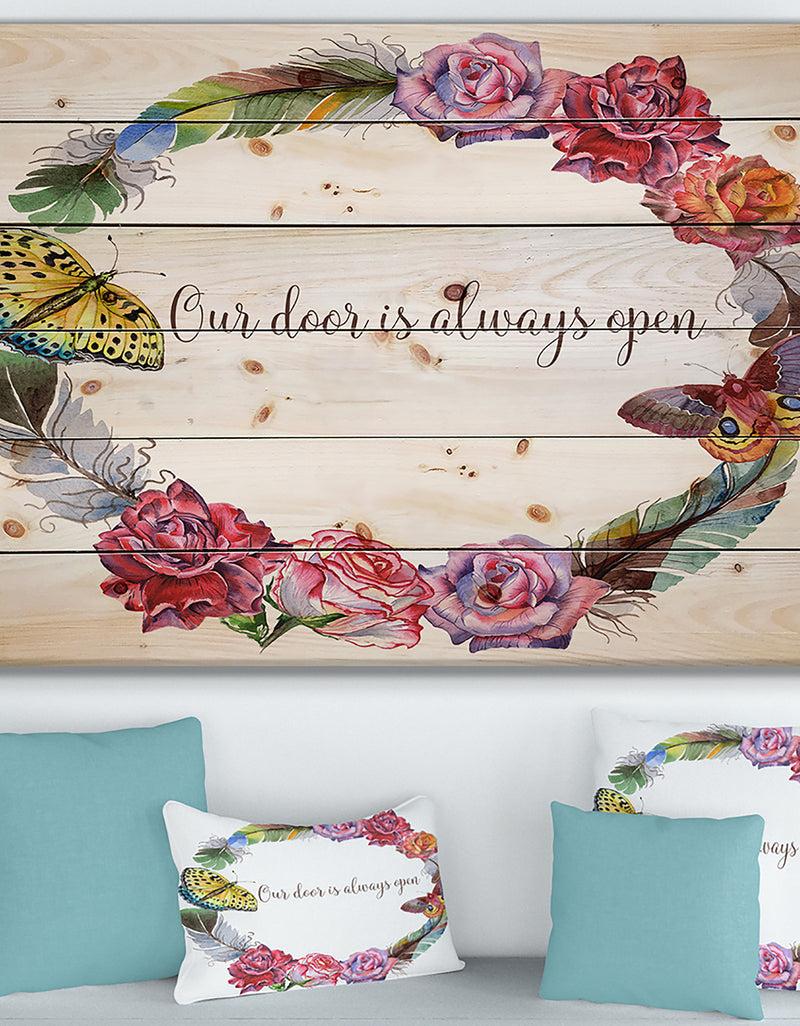 designq Our door is always open. Butterfly Floral - Textual Entrance Art on Wood Wall Art