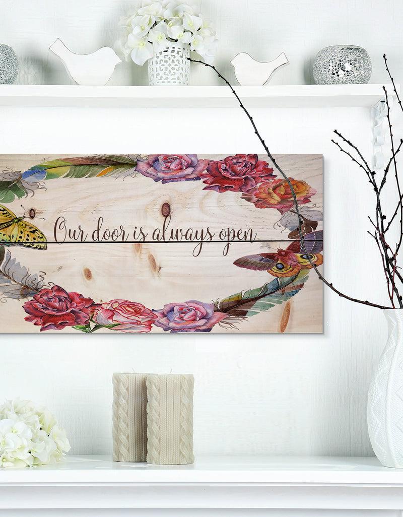 designq Our door is always open. Floral - Textual Entrance Art on Wood Wall Art