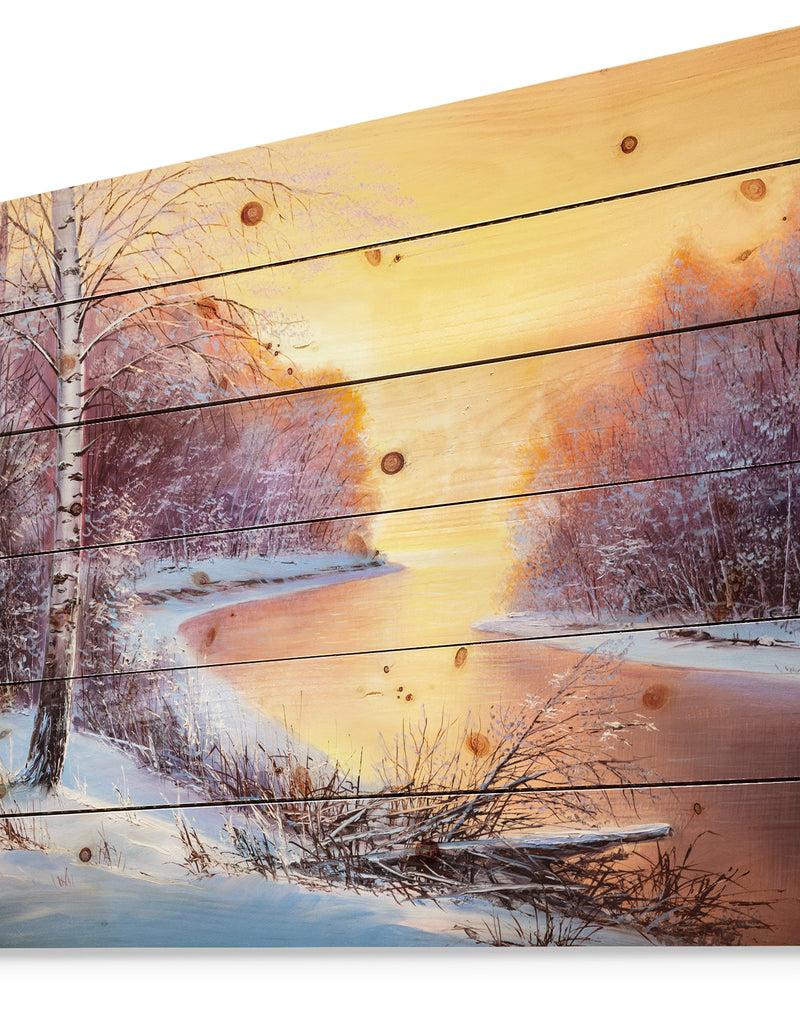 Designq Painting Winter Forest - Landscapes Painting Print On Natural Pine Wood