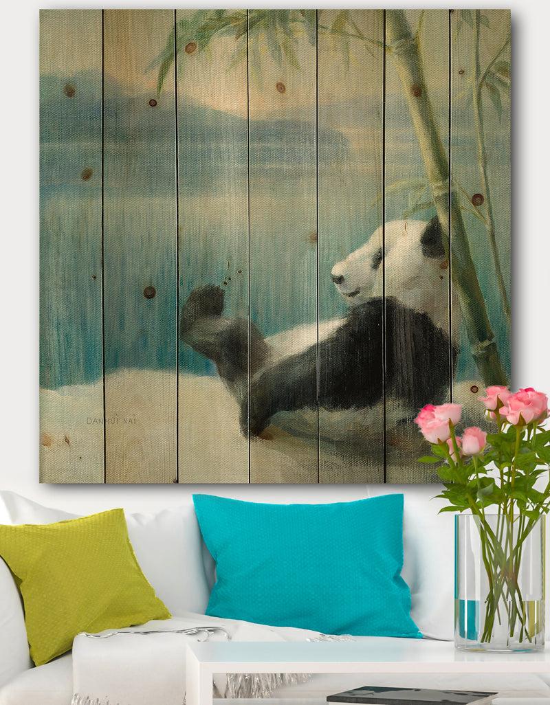 designq Panda after a long day - Traditional Print on Natural Pine Wood